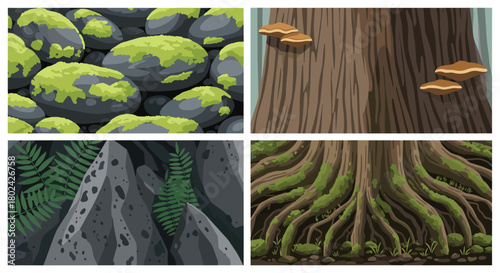 Collection of four close-up pixel art textures from a forest environment, including mossy stones, tree bark, ferns, and large roots.