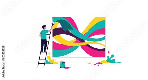 Creative artist on a ladder painting a large, colorful abstract wave mural on a white wall with paint splashing on the floor.