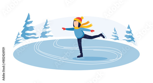 Happy person in warm winter clothing ice skating gracefully on a frozen outdoor rink surrounded by snow-covered pine trees.