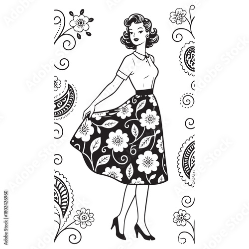 Retro Woman Fashion Illustration with Floral Skirt and Curls