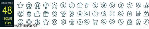 Bonus Outline icon set. Containing benefit, reward, bonus, badge, award, star, and more. Editable stroke. Vector illustration