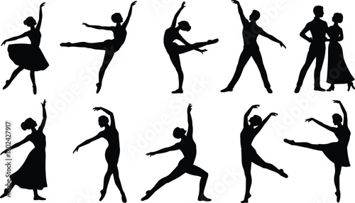 Ballet dancer silhouettes, black and white sketch, elegant poses, dance movement, artistic illustration, graceful form, performance art, choreography