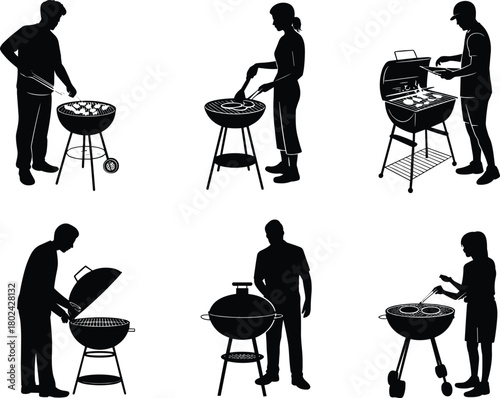 Barbecue grilling silhouettes, outdoor cooking, black and white sketch, diverse grill styles, summer activity, food preparation, backyard lifestyle