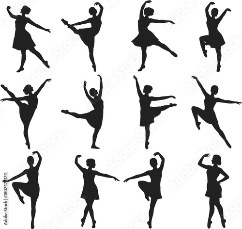 Ballet dancer silhouettes, black and white sketch, elegant poses, dance movement, choreography art, graceful form, performance illustration, stage style