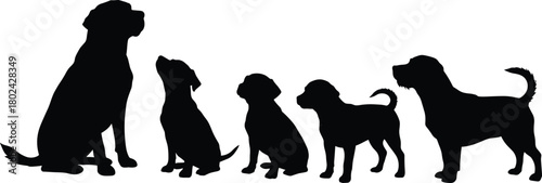 Silhouette of dogs standing and sitting together, pet family illustration showing group of animals, loyal companion concept art design