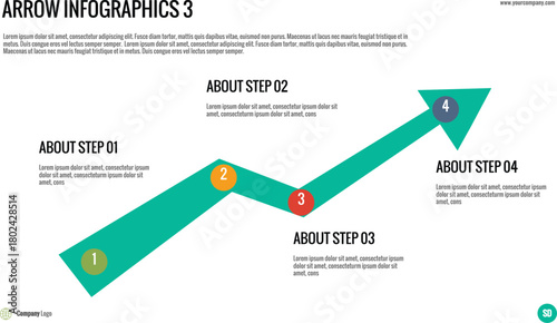 Arrow Infographics - Four-Step Progress. Illustrate a four-step linear progression or growth path using an upward-trending arrow with numbered markers