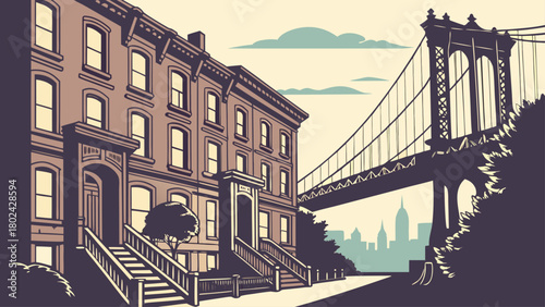 “Brooklyn brownstones and bridge silhouette, urban vector”