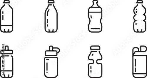 Reusable bottle line art icon set. Containing zero-waste plastic, ecofriendly lifestyle and more. Flat black editable vector illustration
