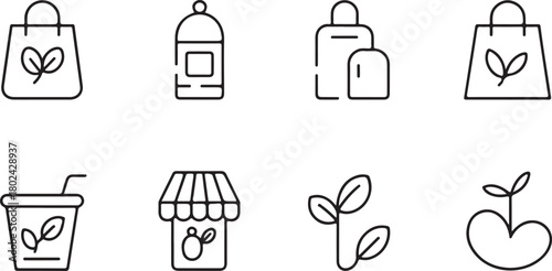 Plastic free shop, store line art icon set. Containing ecofriendly lifestyle, bottle, bag, toys and more. Flat black editable vector illustration