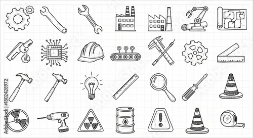 Hand drawn industrial icons set featuring tools, machinery, and safety gear