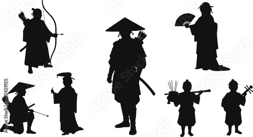 Traditional samurai and geisha silhouettes with 