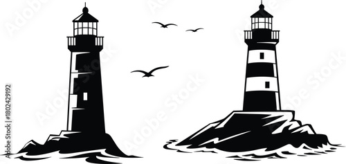 Lighthouse illustration, black and white sketch, coastal scene, rocky shore, maritime design, birds flying, nautical art, ocean navigation concept