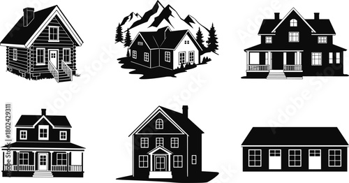 House illustration set, black and white sketch, architectural styles, rural and urban homes, porch design, roof types, building concept