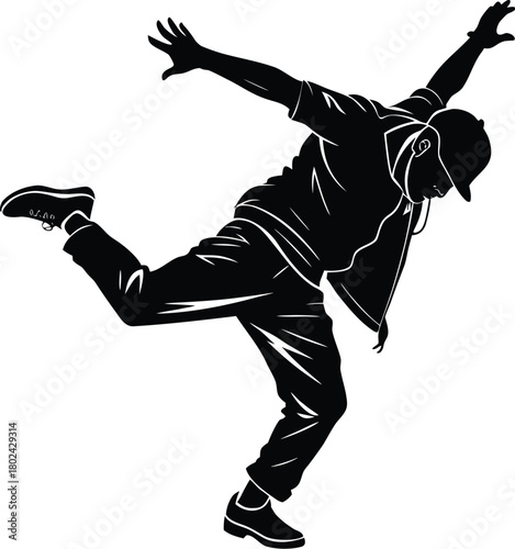 Energetic hip-hop street dance silhouette vector showcasing bold movement and urban style, ideal for posters, apparel, branding, choreography themes, digital art, and modern creative projects.
