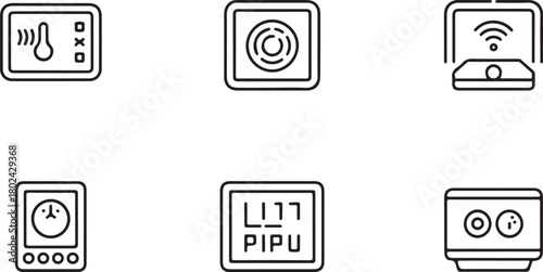 Smart thermostat line art icon set. Containing smart home technology, home decor elements, electric items and more Flat black editable vector illustration