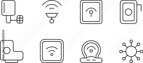 Smart grid sensor line art icon set. Containing electric home equipment, power on off, switch, renewable energy and more. Flat black editable vector illustration