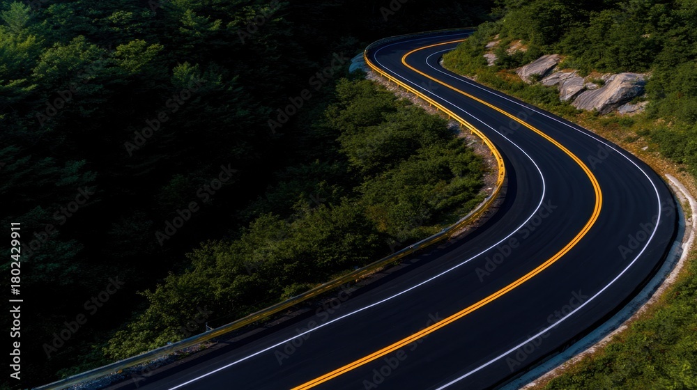 Fototapeta premium Scenic winding road through lush green forest with rocky outcrops under clear blue sky