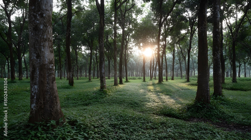 Naklejka premium Golden sunlight filters through trees in a peaceful forest grove casting long shadows on the verdant ground
