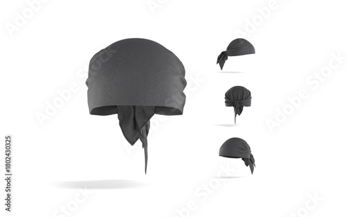 Blank black bandana head wrap mockup, different views