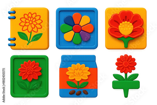 Variety of colorful flower-shaped stickers, including a red and yellow flower