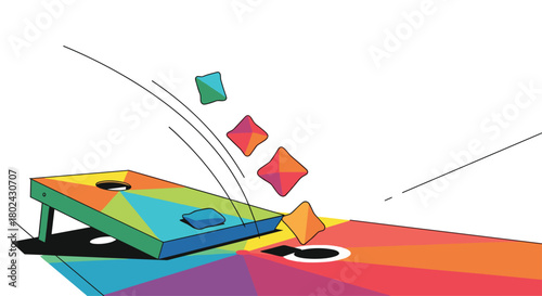Colorful cornhole boards with beanbags in mid-air, illustrating a game of skill and fun.