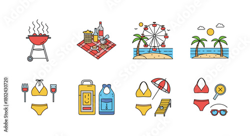 Collection of flat vector icons representing summer vacation activities and beach items.