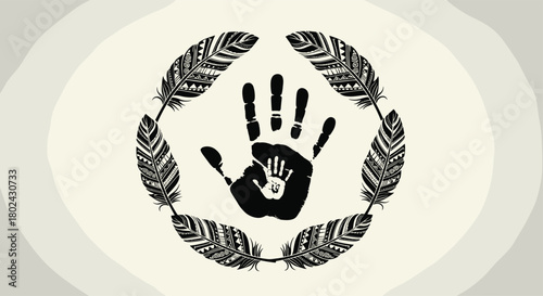 Circle of feathers surrounds two black handprints, one large and one small, symbolizing family unity.
