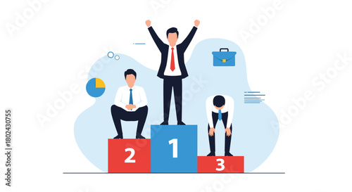 Businessmen celebrating success and disappointment on a winners podium, representing competition and achievement.