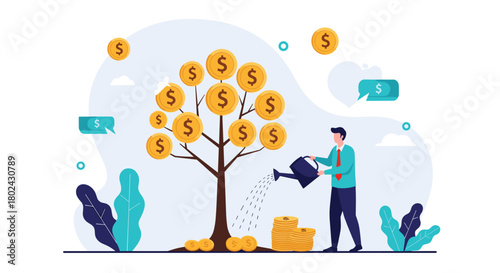 Man watering a money tree to grow wealth with coins and dollar bills in the background.
