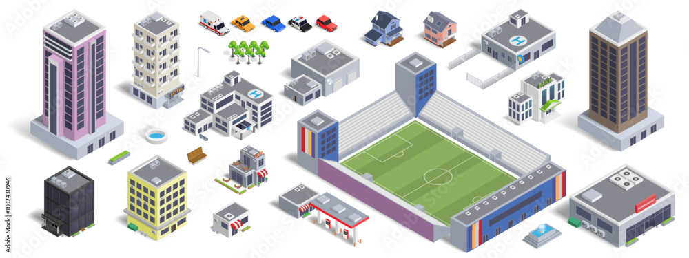 Obraz premium 3D city. Isometric buildings. Office and residential houses. Forest park street view. Business cityscape. Urban skyline scene. Shop and bank facade. Vector town isolated elements set