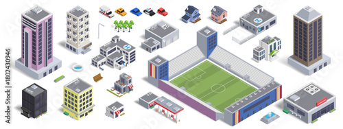 3D city. Isometric buildings. Office and residential houses. Forest park street view. Business cityscape. Urban skyline scene. Shop and bank facade. Vector town isolated elements set