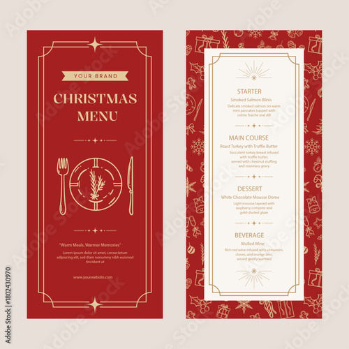 Christmas menu template with back and front Side in red gold theme. Vector illustration restaurant or cafe set menu with starter food, main course, dessert and beverage.