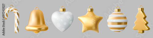 Gold christmas tree balls set. 3d ornament with white ribbon, golden xmas toy bell or metal hang sphere for new year decoration, bulbs with snowflakes. Vector isolated render glossy elements