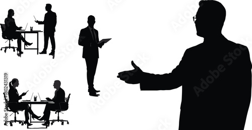 Silhouette of business people meeting and handshake, teamwork collaboration, corporate communication, leadership and success, professional office discussion concept