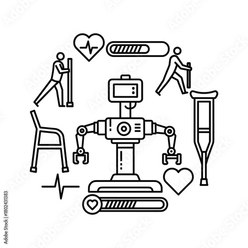 Robot medical assistant, rehabilitation, health icons circle