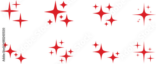 Collection of red sparkle starbursts and glittering light effects