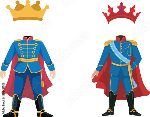 Royal prince costume illustration with blue uniform, golden crown, red cape, fairytale character outfit, fantasy royal clothing design, vector artwork