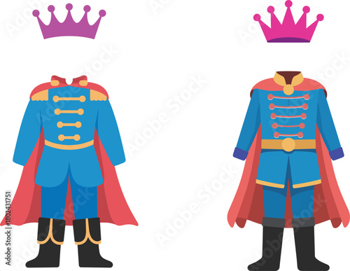 Royal prince costume illustration with blue uniform, golden crown, red cape, fairytale character outfit, fantasy royal clothing design, vector artwork