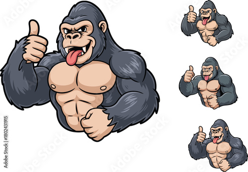 Muscular cartoon gorilla giving thumbs up, strong funny ape mascot flexing muscles, playful aggressive character illustration for fitness branding, vector artwork