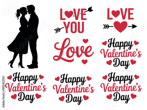 A collection of Valentine's Day themed graphics including a silhouette of a couple and various text designs.