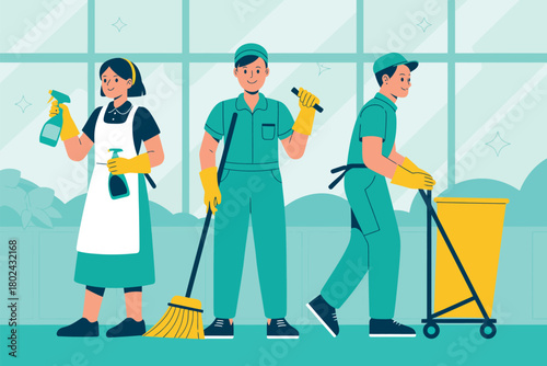 Three cleaning staff members stand ready to perform their duties with professional equipment.