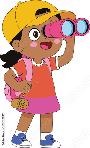 Cute cartoon young girl exploring outdoors with pink binoculars wearing yellow cap backpack and hiking gear in fun adventure illustration