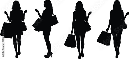 Silhouette of women carrying shopping bags on white background, representing fashion, lifestyle, retail, consumerism, elegance, and modern urban shopping concept