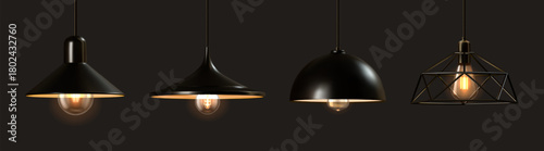 Hanging lamp. Ceiling light bulb. Home equipment. Vintage lantern shine. Modern interior. 3D living room luxury glowing. Loft decor. House illimitation. Vector furnishing objects set