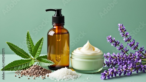 set natural skincare products green background side small glass bottle pump dispenser green leaf next bottle two small bowls white powder one scoop cream small bowl lavender flowers background solid