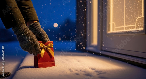 Anonymous gift on doorstep covered in snow, person in winter clothing delivering a gift. Delivering an anonymous gift is sure to bring holiday cheer and good will, spreading joy during winter.