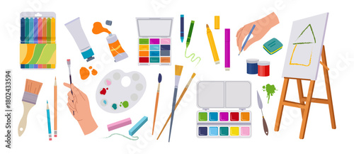 Art tools. Paint brush, easel or craft paintbrush for workshop, painter stationery. Artist equipment, cute pencil, gouache jars and palette. Vector cartoon flat style isolated illustration