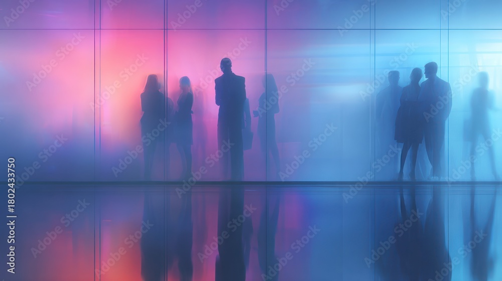 Fototapeta premium Colorful Glass Wall Office Scene With Silhouetted Professionals in Gradient Blue and Pink Lighting – Modern Corporate Lobby Meeting Environment