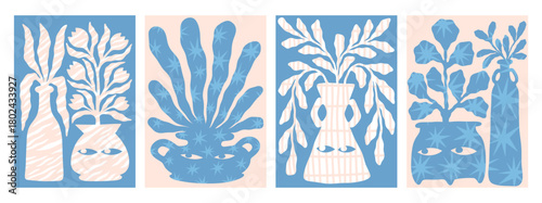 Abstract posters. Modern art elements. Scribble collage or minimalist geometric decoration. Paper wall decor. Vase bouquet. Flowers and leaves. Patterned shapes. Vector floral cards set