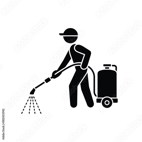 Pest control worker sprays insecticide from a cart